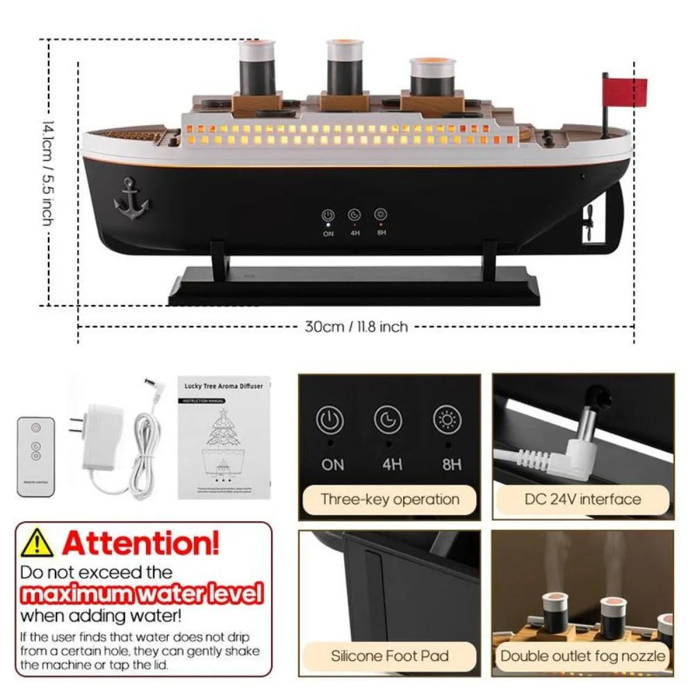 Titanic Ship Air Humidifier – 250ml Aroma Diffuser with Remote Control, Essential Oil & Smoke Ring Jellyfish Effect