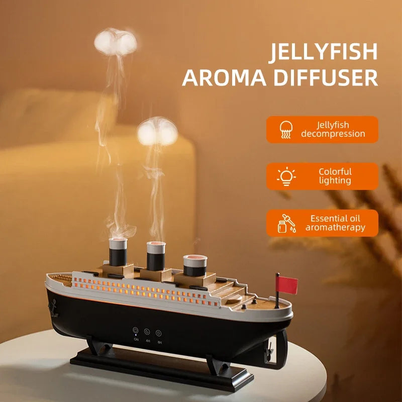 Titanic Ship Air Humidifier – 250ml Aroma Diffuser with Remote Control, Essential Oil & Smoke Ring Jellyfish Effect