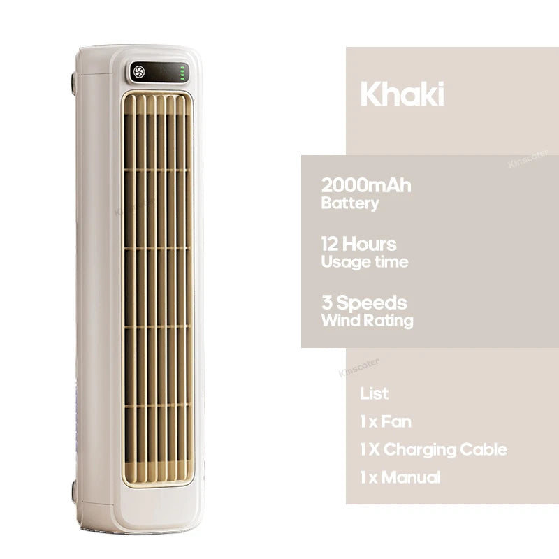 HUMI Chill™ Portable Tower Fan – 2000mAh Rechargeable Quiet Desktop & Wall-Mount Circulating Fan, 3-Speed Adjustable